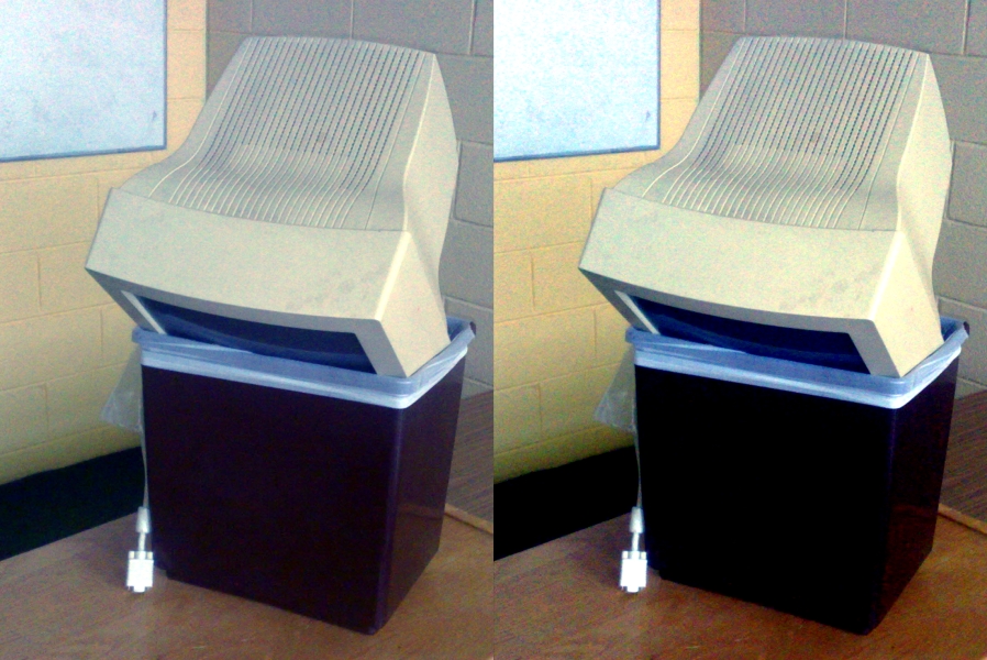 Two images of a computer in a bin, with different colours