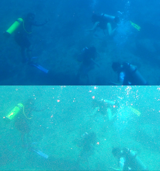 SCUBA divers groups at bottom of ocean; two images in slightly different colours