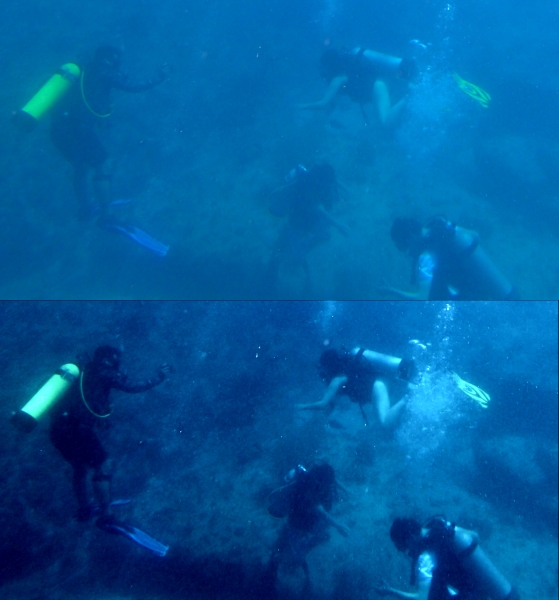 Two images of SCUBA divers groups at bottom of ocean with slightly different colours