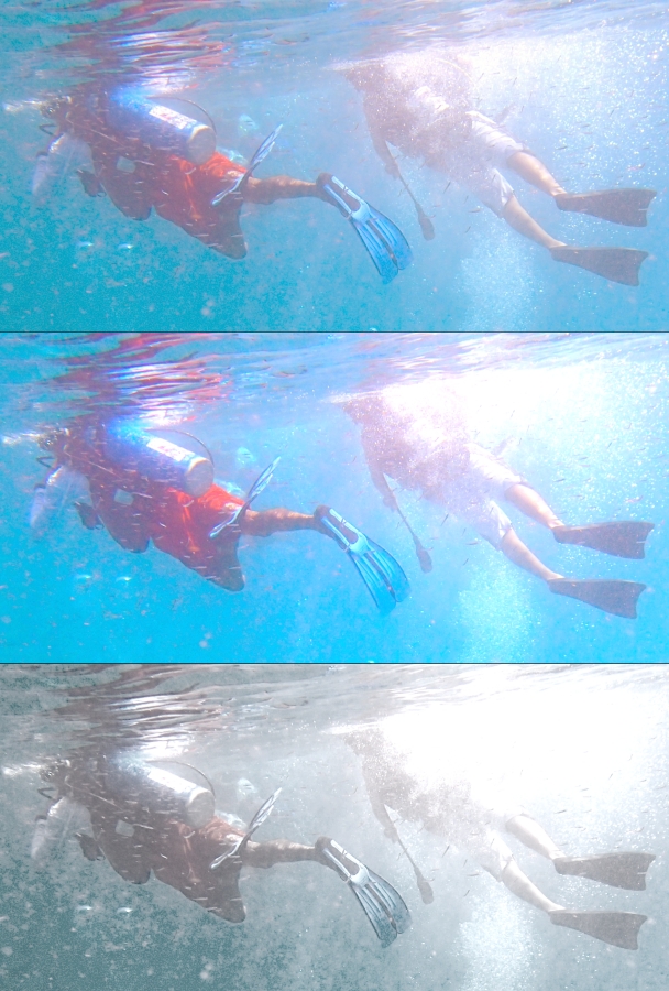 Three images of two divers snorkelling, with different colours