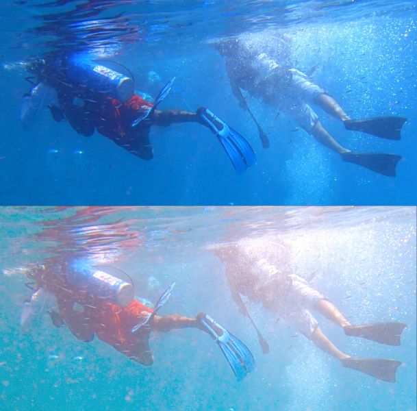 Two images of two divers snorkelling, with slightly different colours