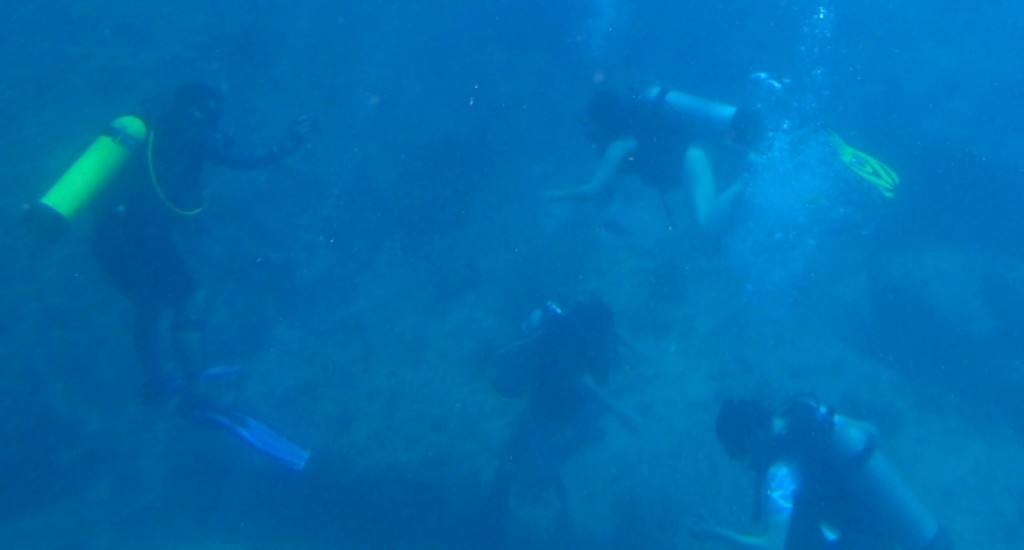 SCUBA divers groups at bottom of ocean