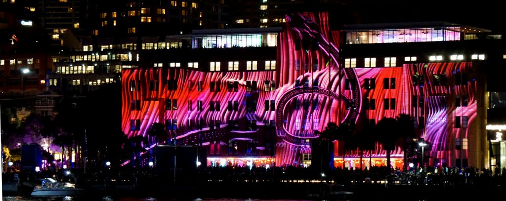 The Museum of Contemporary Art covered in a red snake pattern