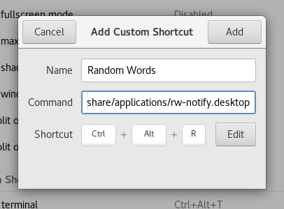 Screenshot of the GNOME Add Custom Shortcut dialog